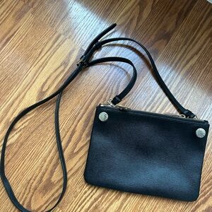 Furla Black Leather Shoulder Bag With Gold Button, Adjustable Strap